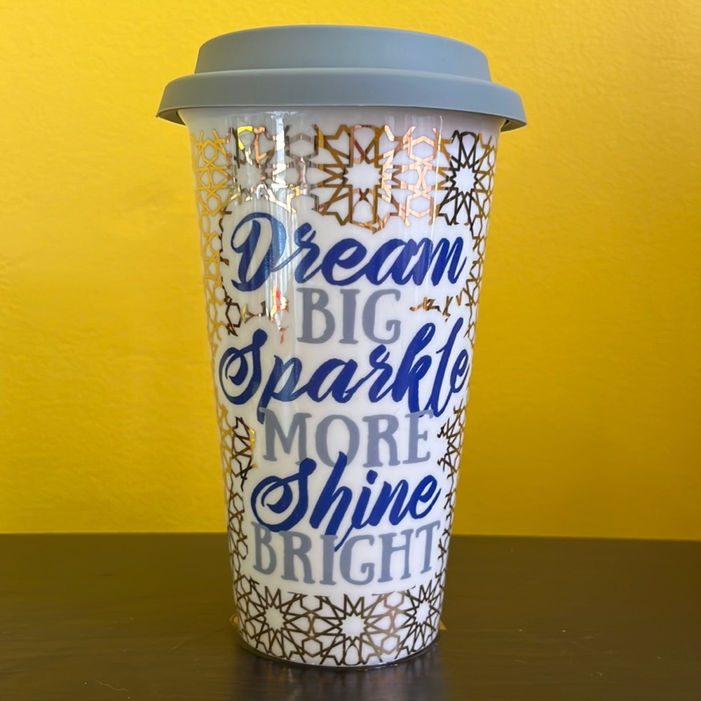 TMD Holdings tall coffee mug Dream Big Sparkle more Shine bright gold blue lid